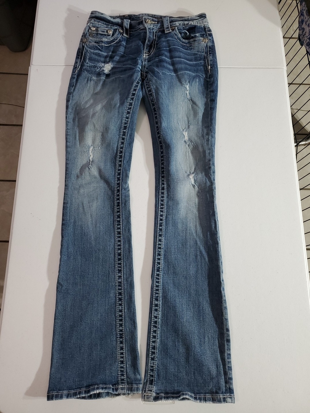 Miss Me 27x32 Blue Jeans Distressed Hem Rhinestone Rodeo Boot Cut Flare